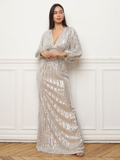 Robe longue beige en sequins à manches bouffantes