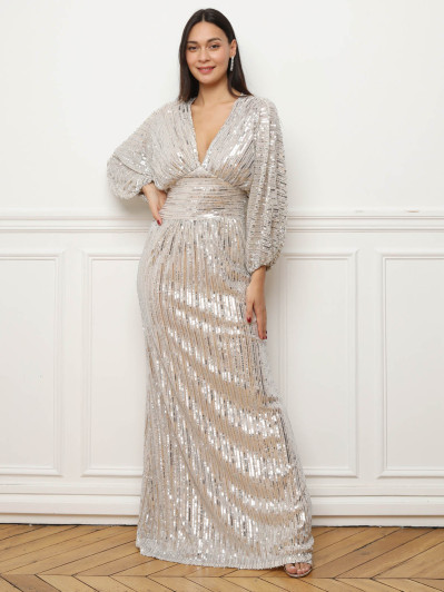 Robe longue beige en sequins à manches bouffantes