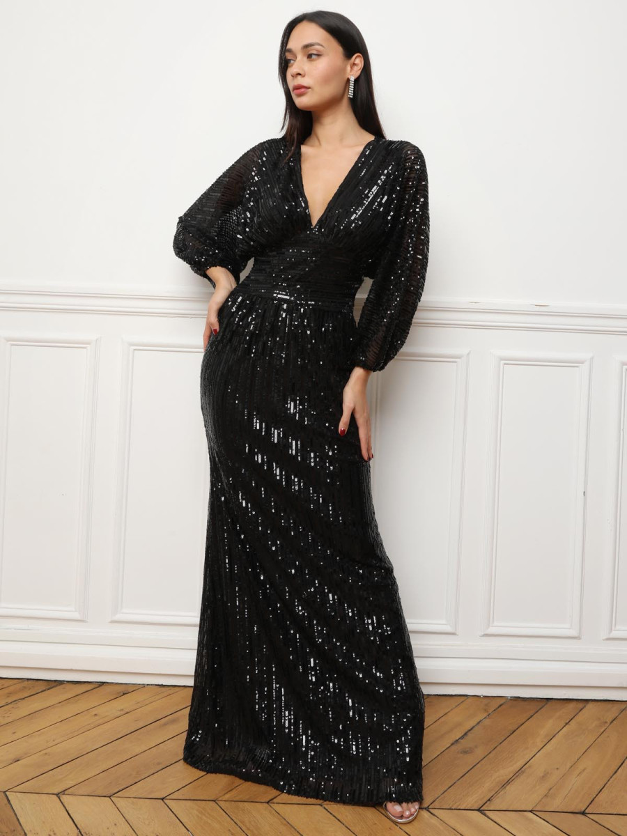 Robe longue en sequins à manches bouffantes