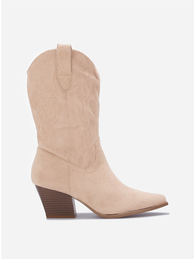 Santiags en suédine beige à motifs surpiqués