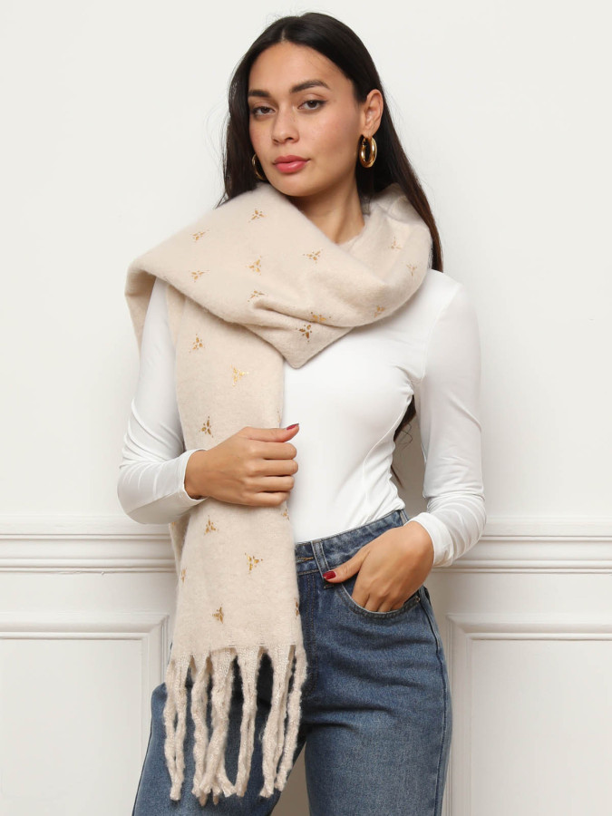 Écharpe duveteuse beige à motif doré