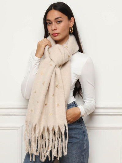 Écharpe duveteuse beige à motif doré