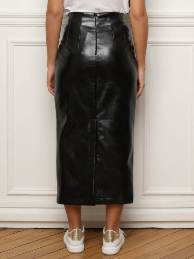 Jupe mi-longue droite en simili  noir