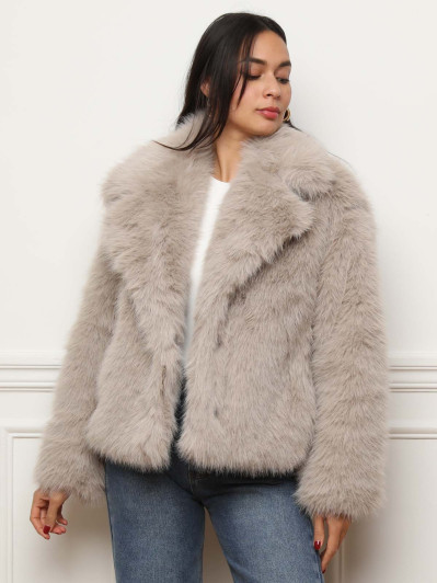 Manteau en fausse fourrure beige à col revers