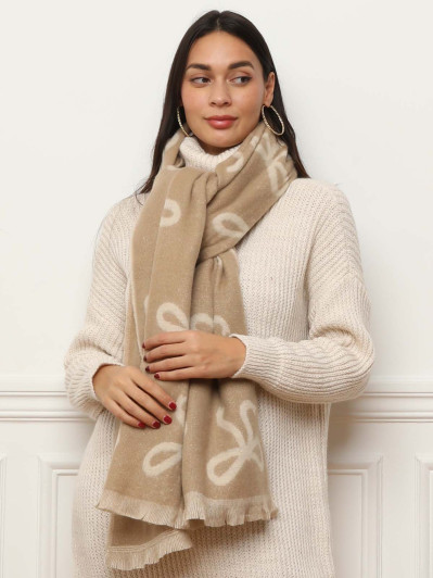 Écharpe duveteuse beige et camel à motif nœuds