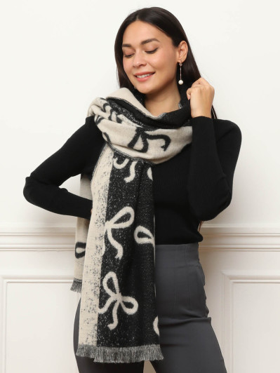 Écharpe duveteuse noire et beige à motif nœuds