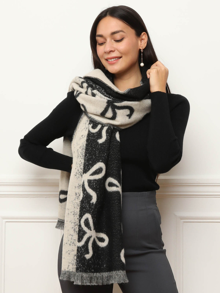 Écharpe duveteuse noire et beige à motif nœuds