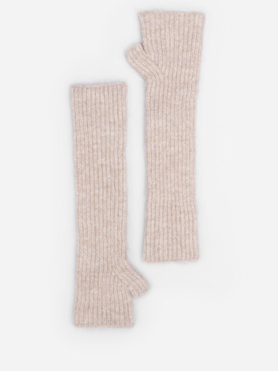 Mitaines longues taupe en maille côtelée