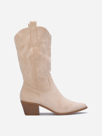 Bottes western beige en suédine brodée
