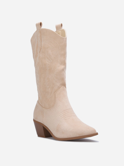 Bottes western beige en suédine brodée