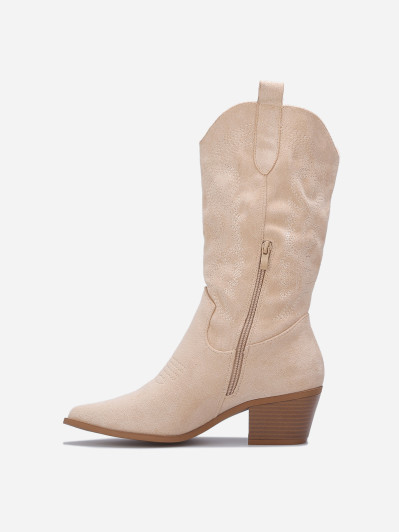 Bottes western beige en suédine brodée