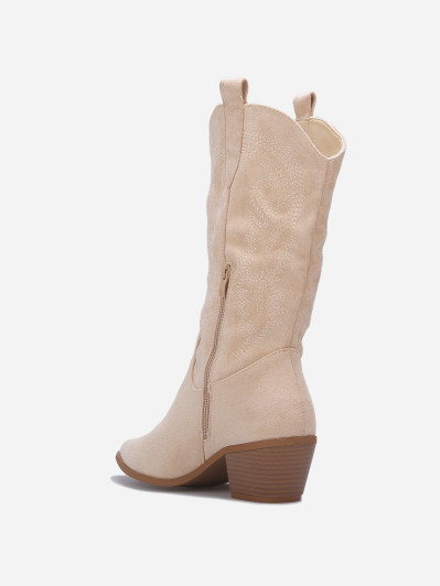 Bottes western beige en suédine brodée