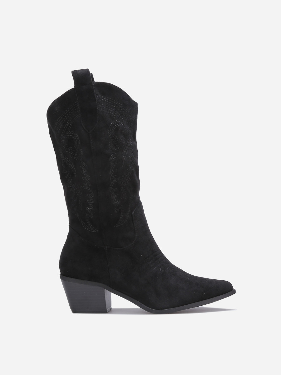 Bottes western noir en suédine brodée