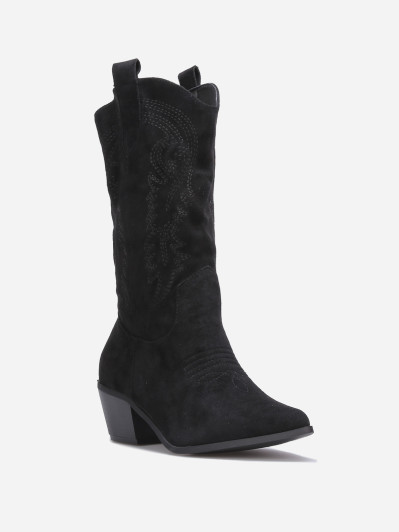 Bottes western noir en suédine brodée