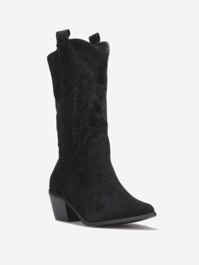 Bottes western noir en suédine brodée