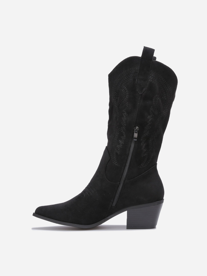 Bottes western noir en suédine brodée