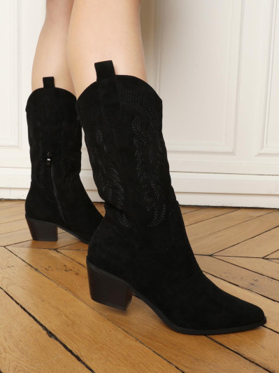 Bottes western noir en suédine brodée