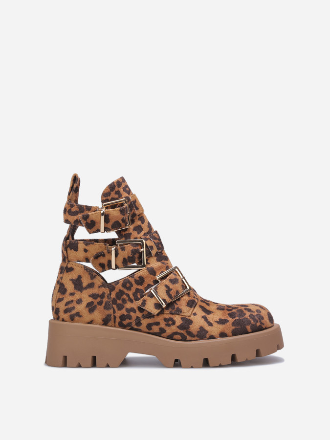 Bottines en suédine léopard avec brides à boucles