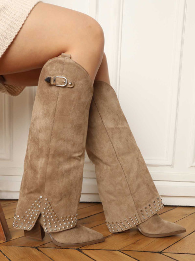 Bottes en suédine brodées - Taupe