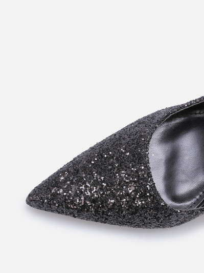 Escarpins à paillettes noires et talon métallique