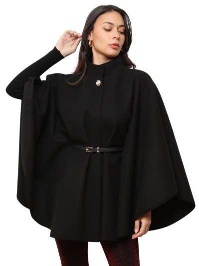 Cape mi-longue noire ceinturée