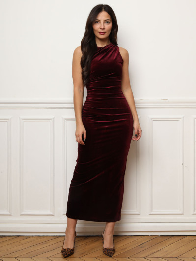 Robe longue fendue en velours bordeaux