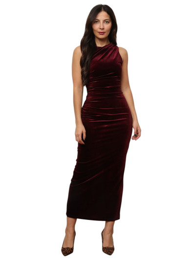 Robe longue fendue en velours bordeaux