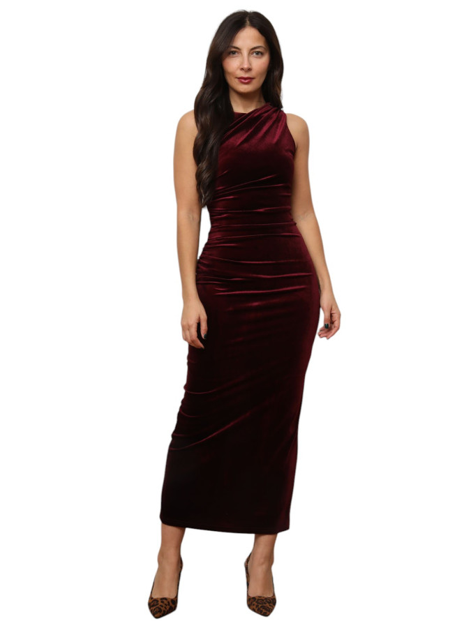 Robe longue fendue en velours bordeaux