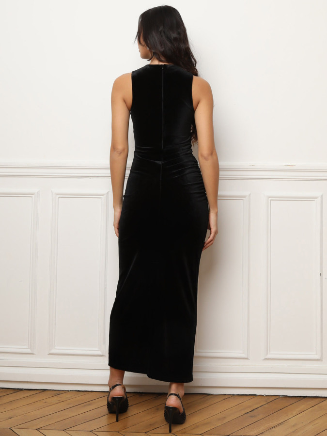 Robe longue fendue noire en velours