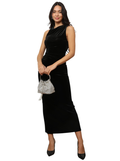 Robe longue fendue noire en velours