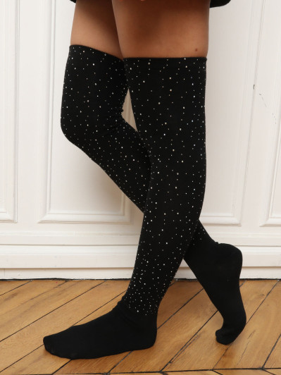 Chaussettes noires hautes à strass