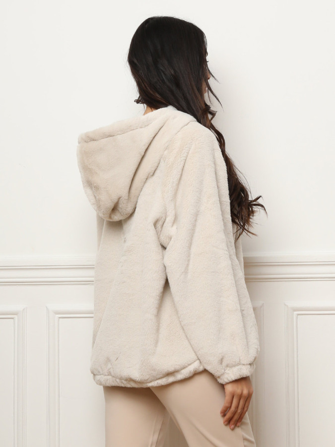 Veste beige fausse fourrure à capuche