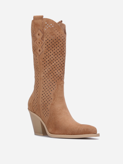 Santiags camel en suédine à détails ajourés