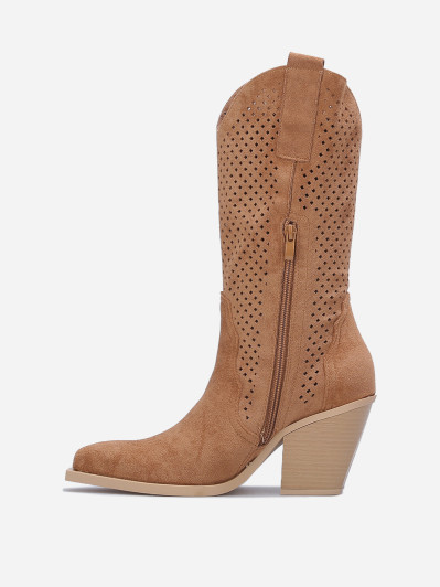 Santiags camel en suédine à détails ajourés