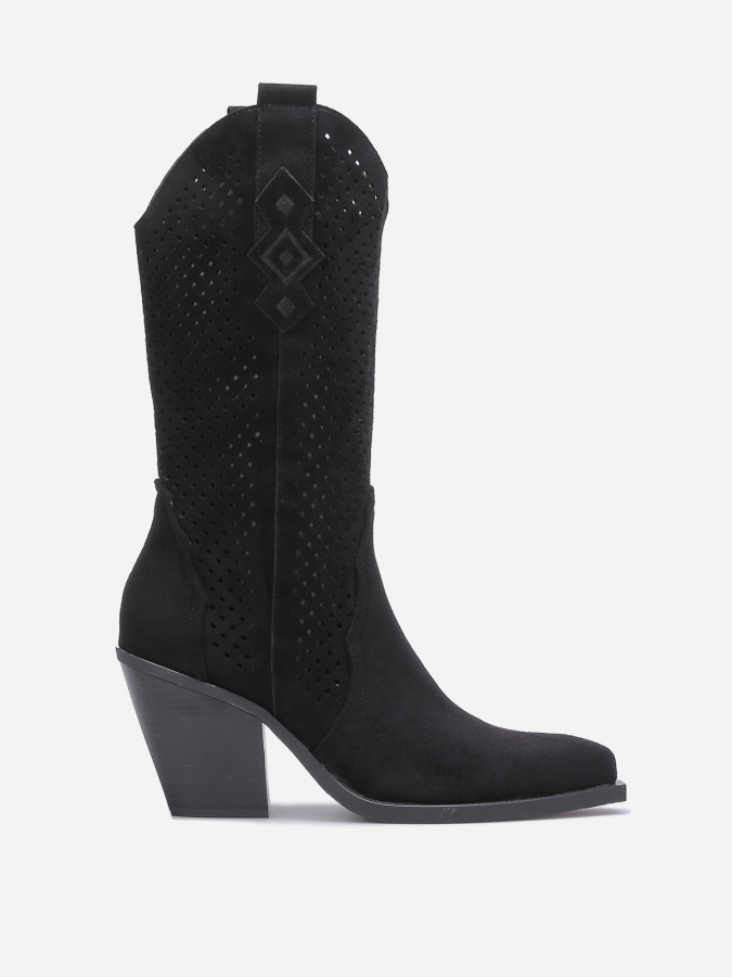 Santiags noires en suédine à détails ajourés