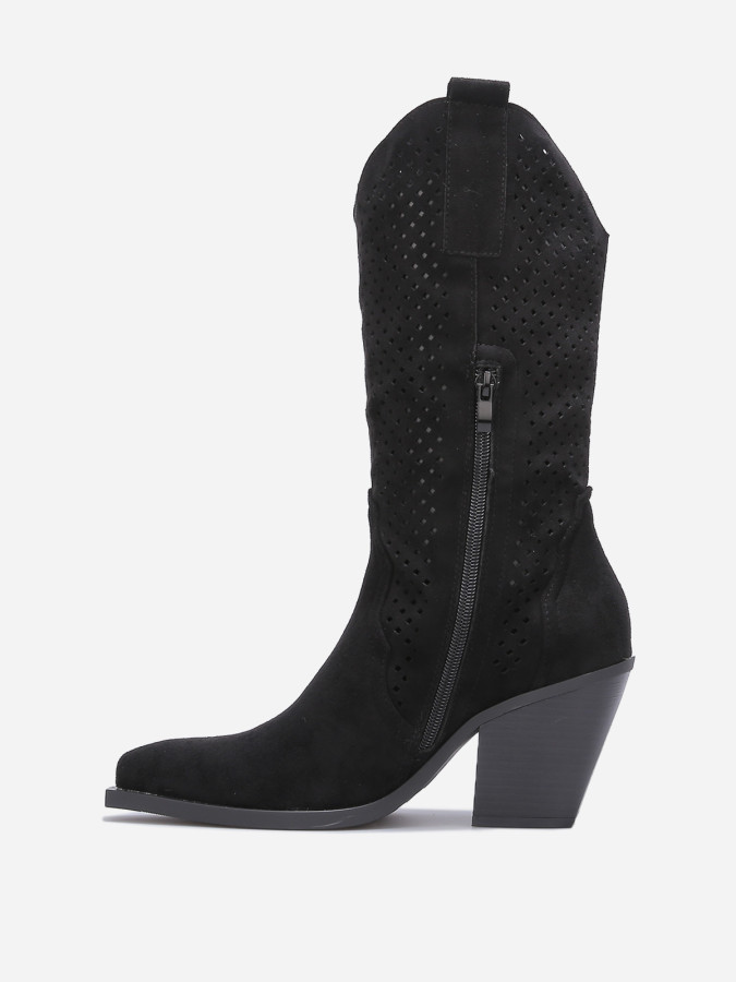 Santiags noires en suédine à détails ajourés