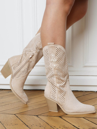 Santiags beige en suédine à détails ajourés