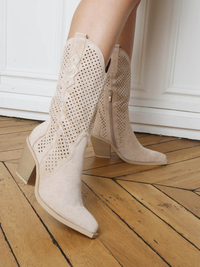 Santiags beige en suédine à détails ajourés