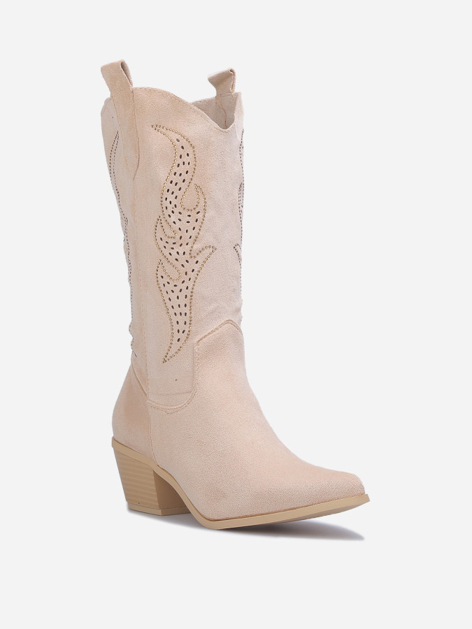 Santiags suédine beige avec flammes en strass