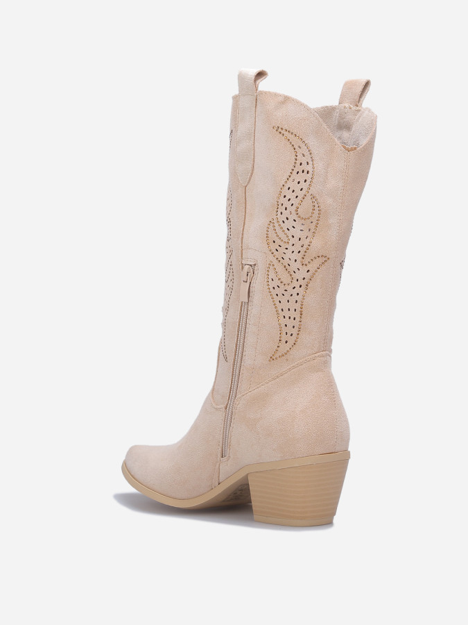 Santiags suédine beige avec flammes en strass