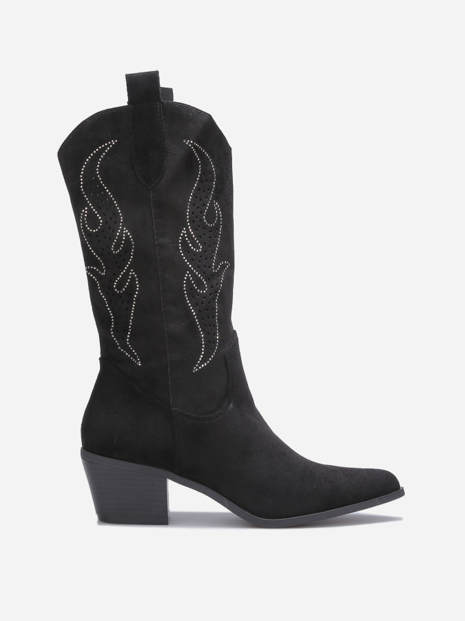 Santiags suédine noire avec flammes en strass