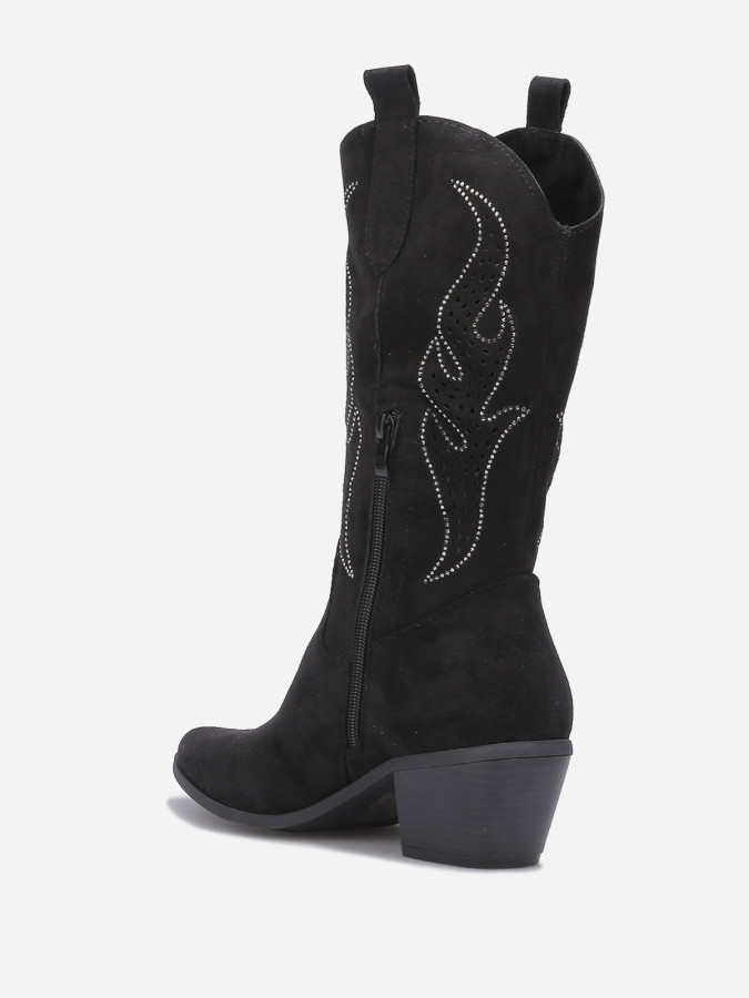 Santiags suédine noire avec flammes en strass