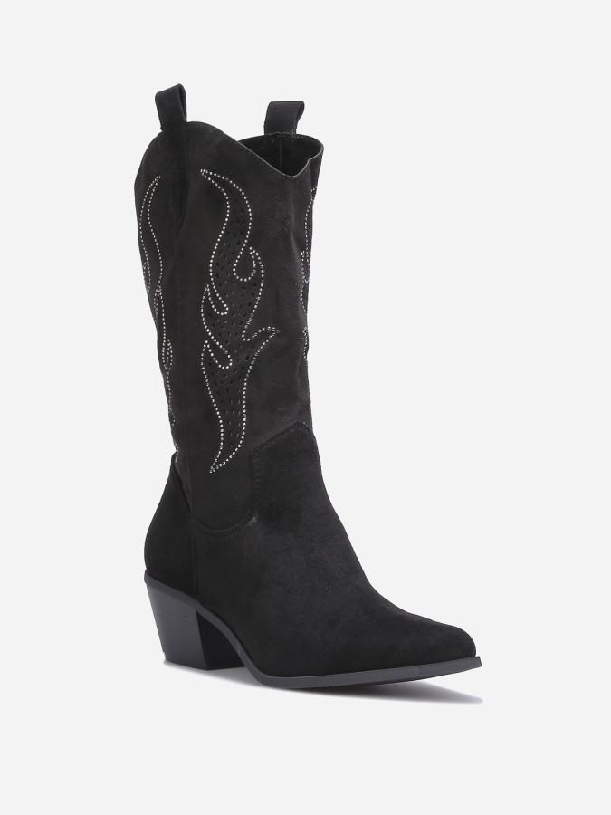 Santiags suédine noire avec flammes en strass