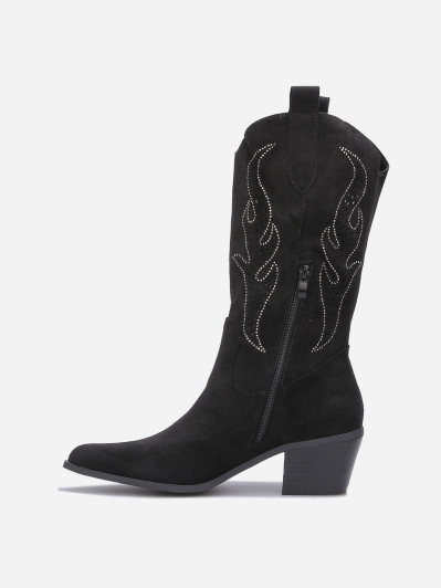 Santiags suédine noire avec flammes en strass