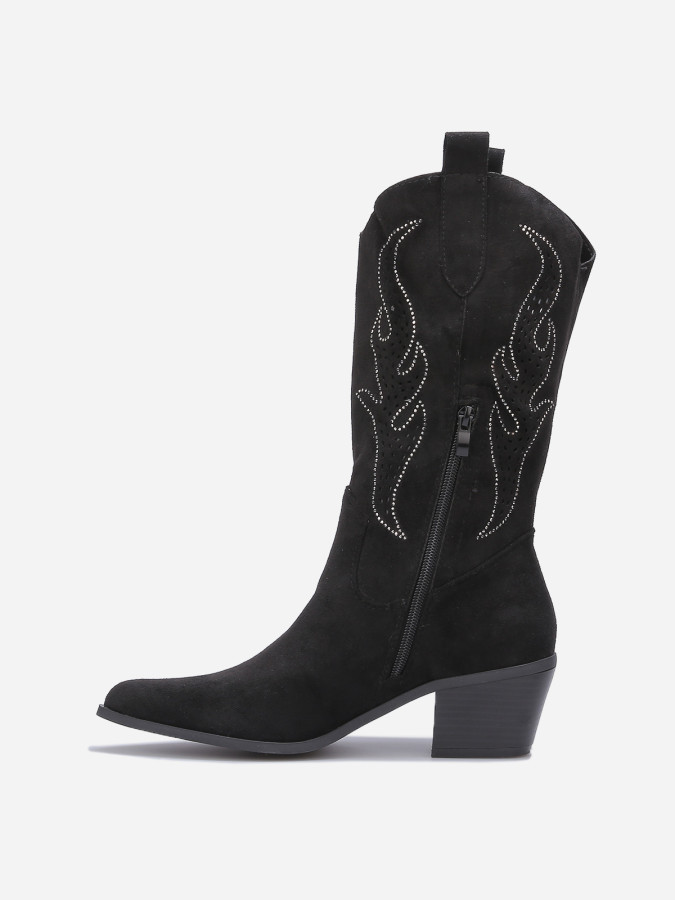 Santiags suédine noire avec flammes en strass