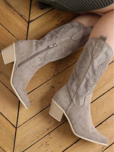 Santiags suédine taupe avec flammes en strass