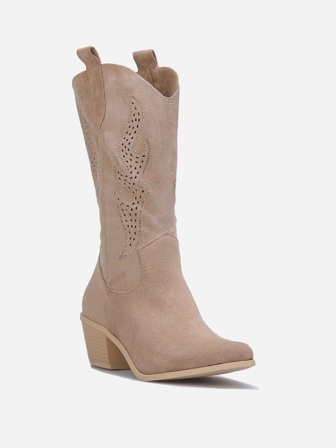 Santiags suédine taupe avec flammes en strass