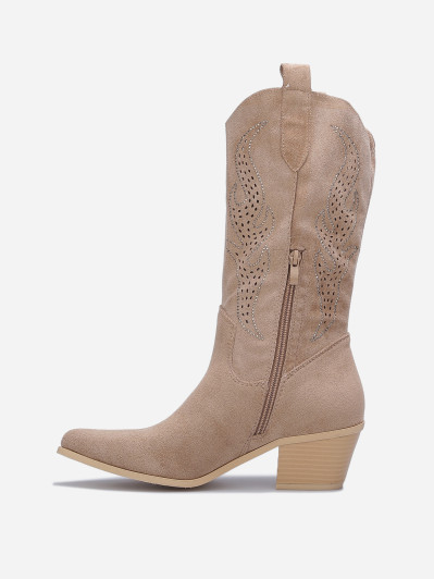 Santiags suédine taupe avec flammes en strass