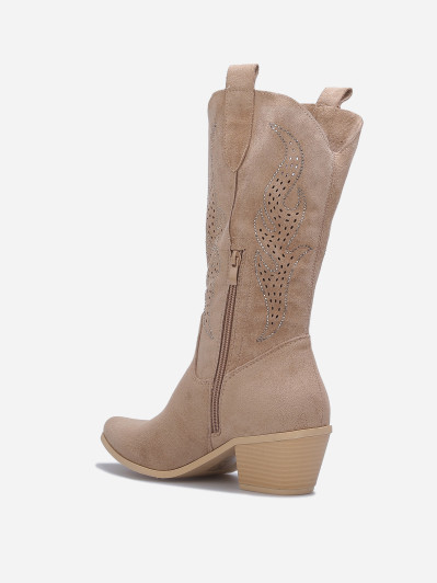 Santiags suédine taupe avec flammes en strass