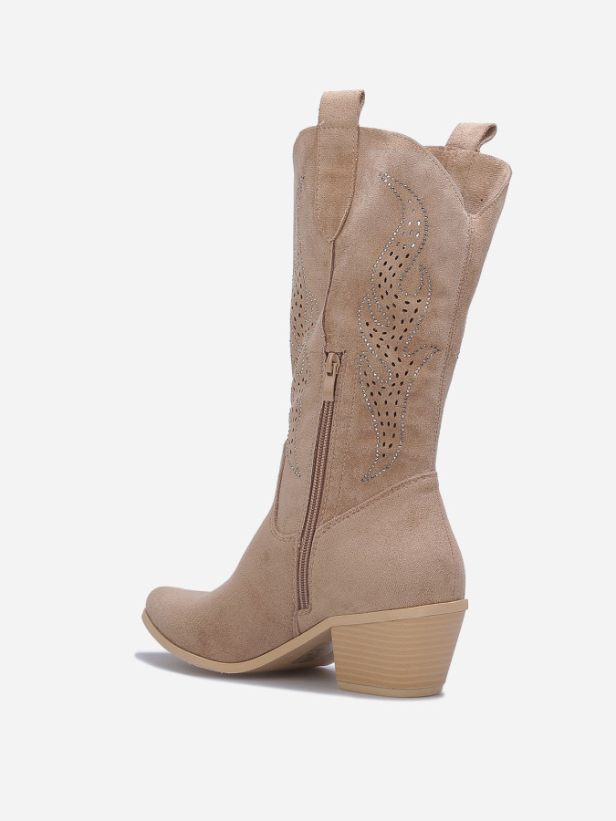 Santiags suédine taupe avec flammes en strass